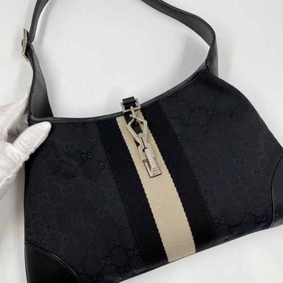GUCCI Jackie GG Canvas Web Stripe Shoulder Bag Black Leather Vintage Authentic - Picture 10 of 13